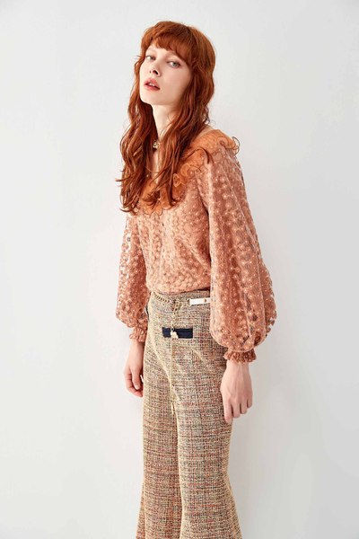 Brown Embroidered Lace Top With Ruffle Neckline