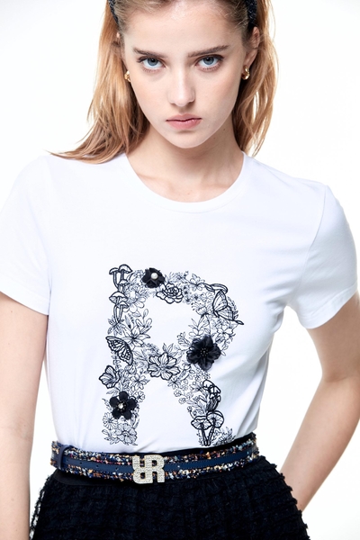 Floral Embroidered R Logo Tee