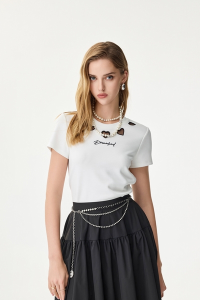 Hollow Out Heart Embroidery Tee