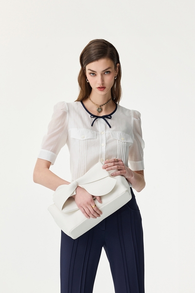 Navy Bow Detail Button Front Blouse