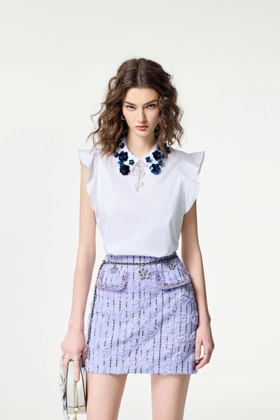 Navy Floral Beadings Ruffle Sleeve Top