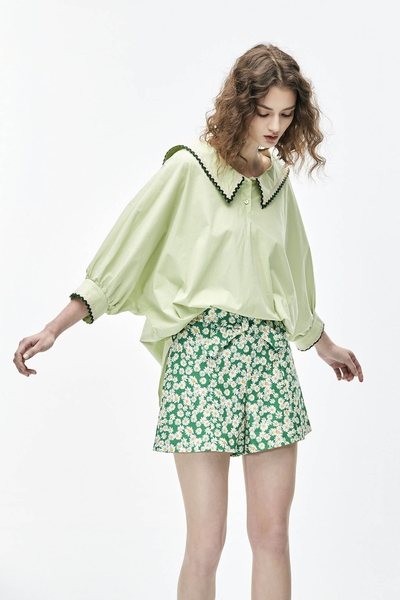 Oversize Lace Trim Green Blouse