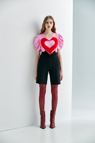 Pink Puff Sleeves Top With Pleated Ruffle Heart Detail