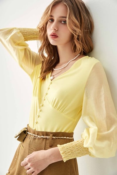 V-neck Yellow Top With Pearl Detail