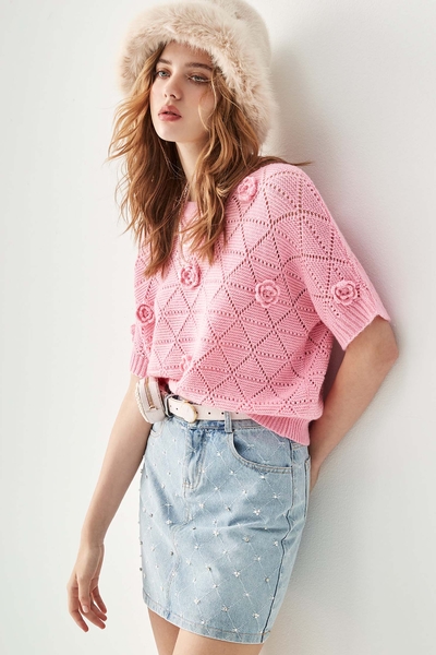 Pink Knit Top With Hand Knit Floral Detail