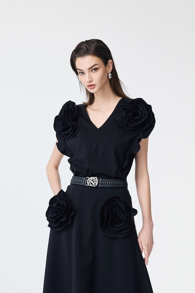 3-D Black Rose Detail Top