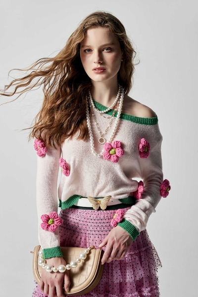 Long sleeve Knit Top With Hand Knitted 3-D Floral Detail