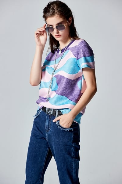 Mixed Colour Pattern Print Short Sleeve Top