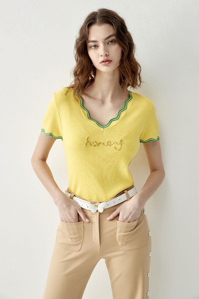 Slogan Knit Top With Contrast Trim