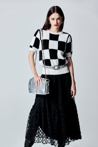 Black White Checkered Fuzzy Top