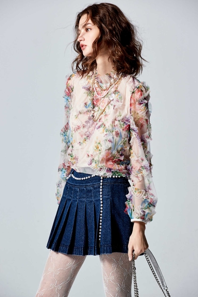 Floral Print Semi Translucent Mesh Top With Pleated Ruffle