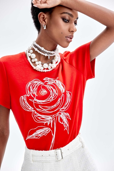 Embroidered Rose Graphic Red Tee