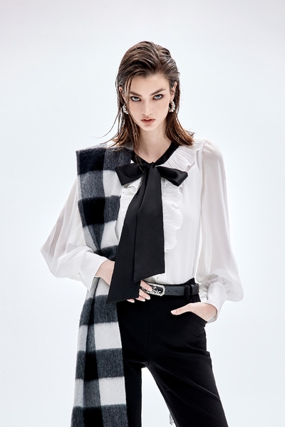 Pleated Ruffle Detail Blouse With Contrast Bow Detail