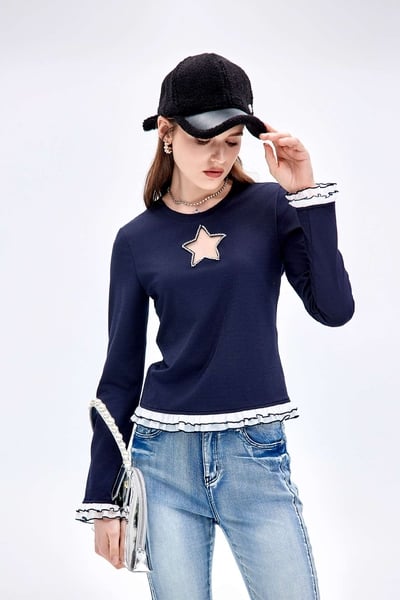 Mesh Star Detail Long Sleeve Top