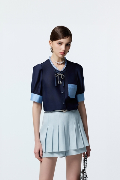 Ruffle Neckline Trim Detail Puff Sleeve Top