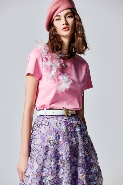 Short Sleeve Pink Tee With 3-D Floral Detail