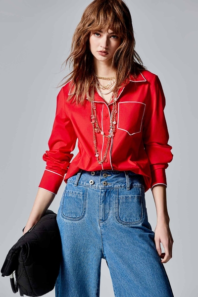 Red Blouse With Contrast White Trim Detail