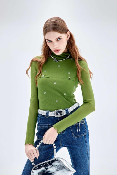 Pearl Detail Turtleneck Long Sleeve Top