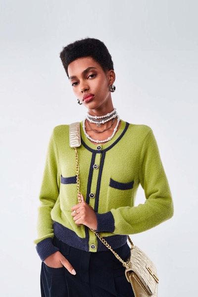 Contrast Trim Green Knit Top