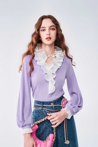 V-neck Contrast Ruffle Trim Long Sleeve Top