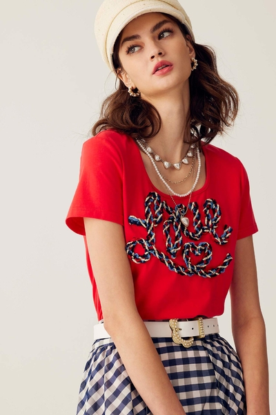 Braided Slogan Red Tee