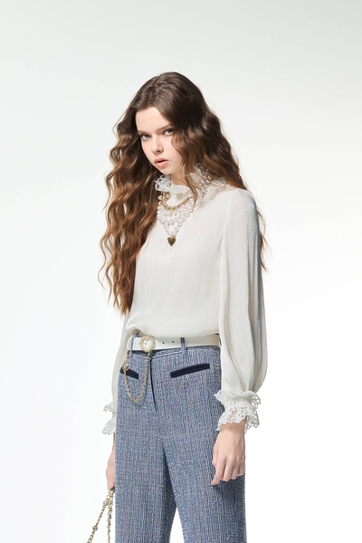 Long Sleeve Lace Detail Ruffle Top