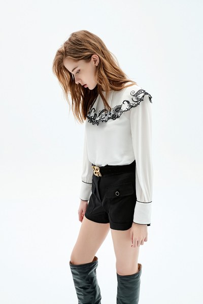 White Bertha Collar Blouse With Cut Out Embroidered Detail