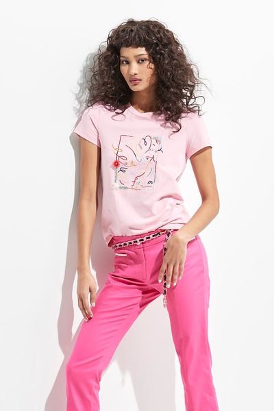 Front Embroidery Pink Tee With 3D Floral Detail