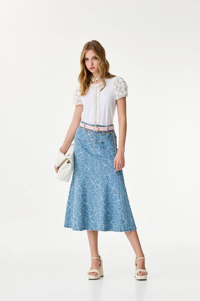 Floral Embroidery Denim Fishtail Skirt