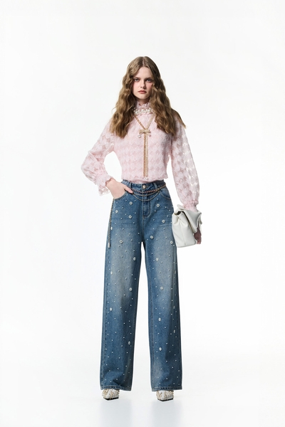 Pearl Floral Detail Wide Leg Jeans