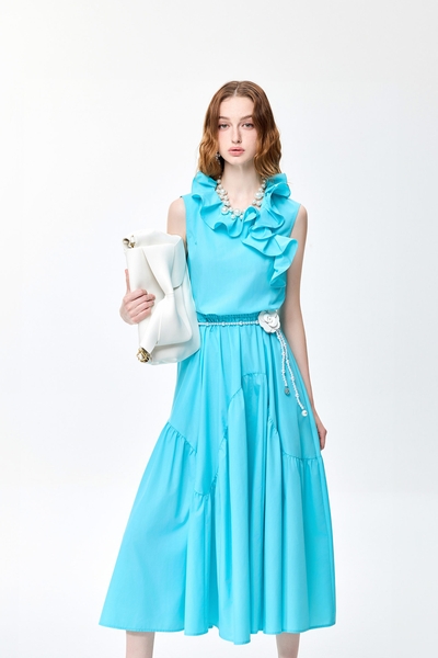 Ruffle Collar Cyan Sleeveless Dress