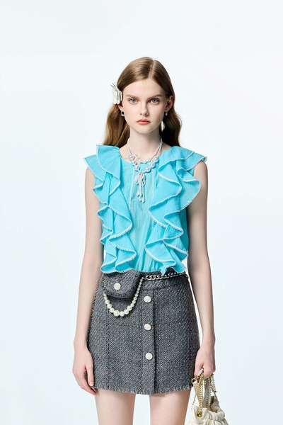 Front Ruffle Detail Blue Vest