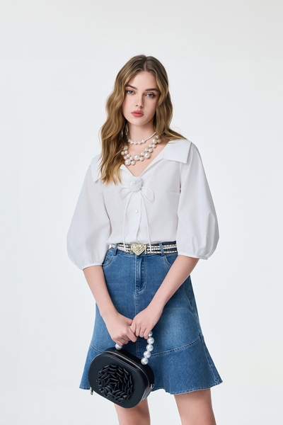 Floral Brooch Detail Button Front Top