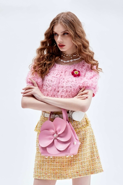 Puff Sleeve Pink Top With Floral Brooch Detail