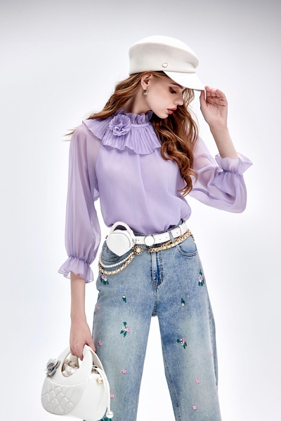 High Neck Pleated Ruffle Collar Blouse