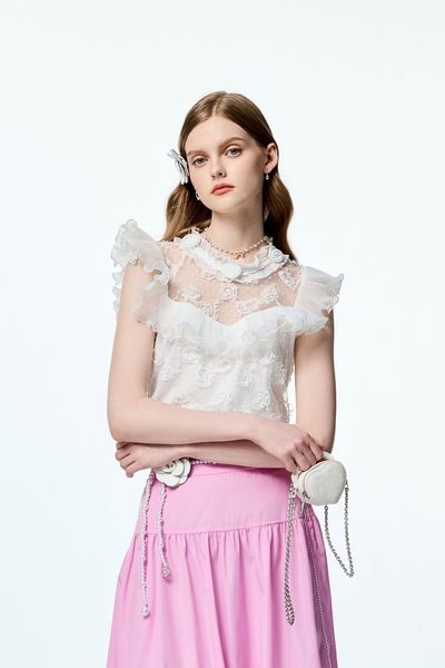 Floral Lace Pleated Ruffle Detail Top