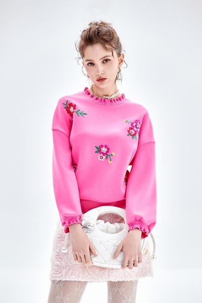 Floral Embroidery Long Sleeve Pink Top