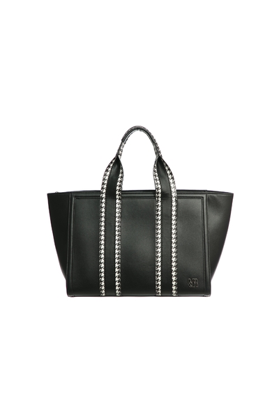 Black Leather Bag With Houndstooth Trim Handle Detail