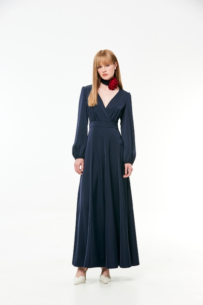 Long Sleeve Surplice Neckline Satin Evening Dress