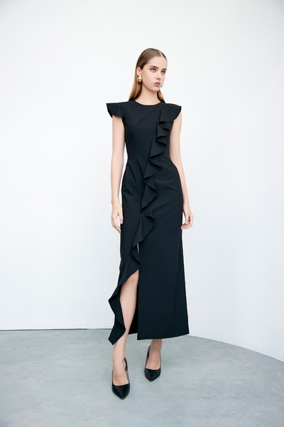 Ruffle Detail Side Slit Dress