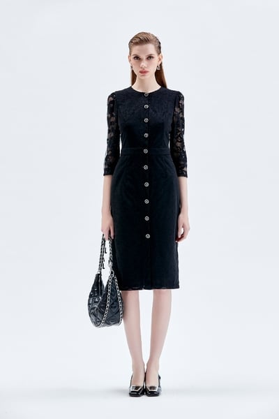 Button Front Lace Sleeve Sheath Dress