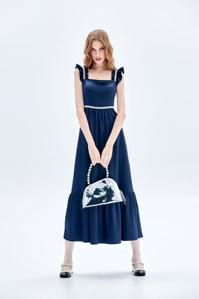 Navy Ruffle Strap Maxi Dress