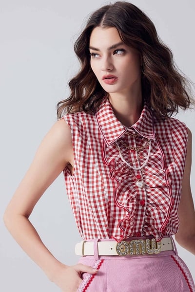 Plaid Button Front Vest With Pleated Ruffle Detail