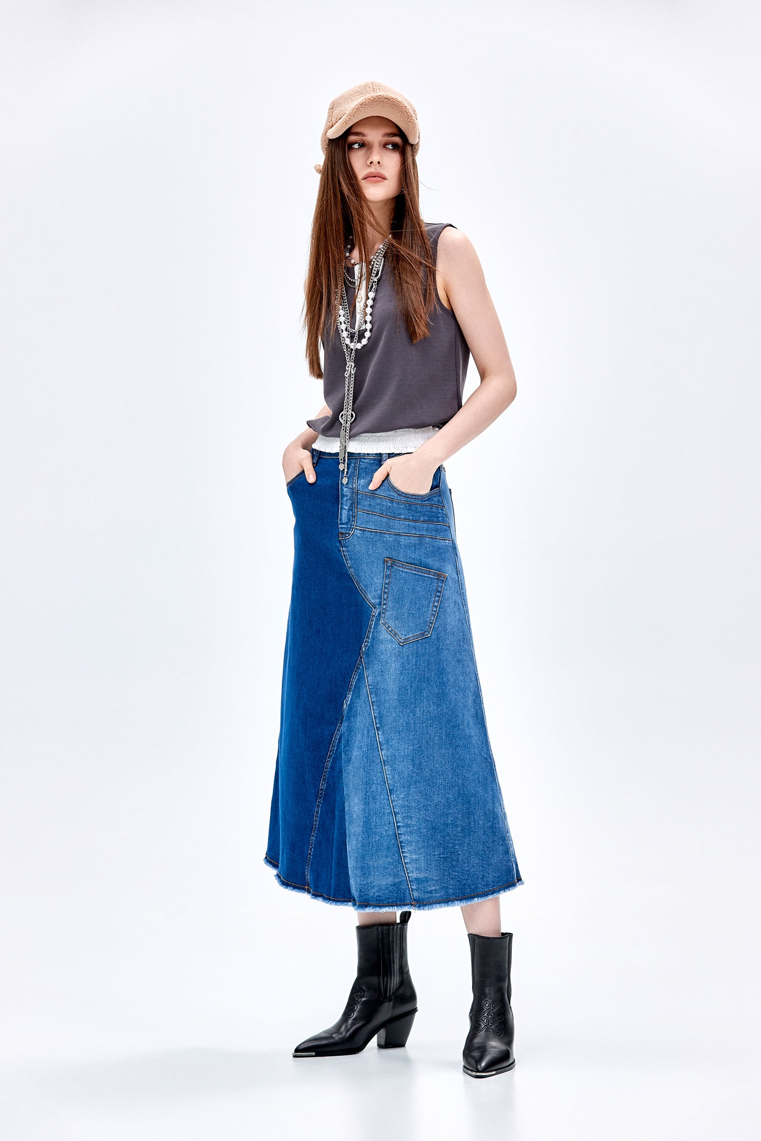 【Anyone more】Iro Denim Blouse Skirt Two Piece Lou Denim Open Back Top with Bow Detail and Mini Skirt Set