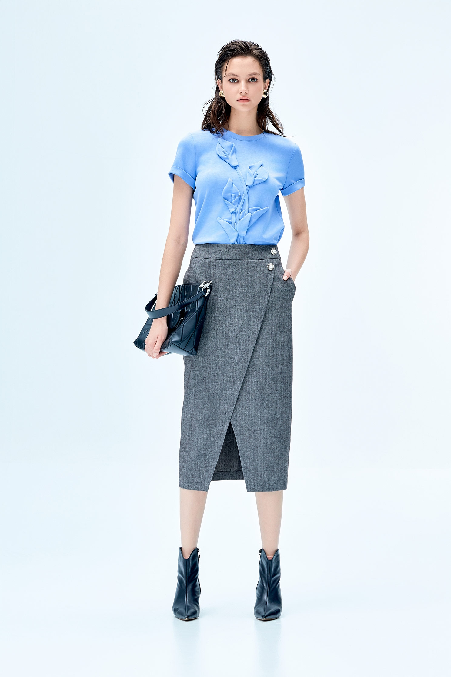 Grey Overlap Slit Pencil Skirt | iROO Online Shop | Dress Up