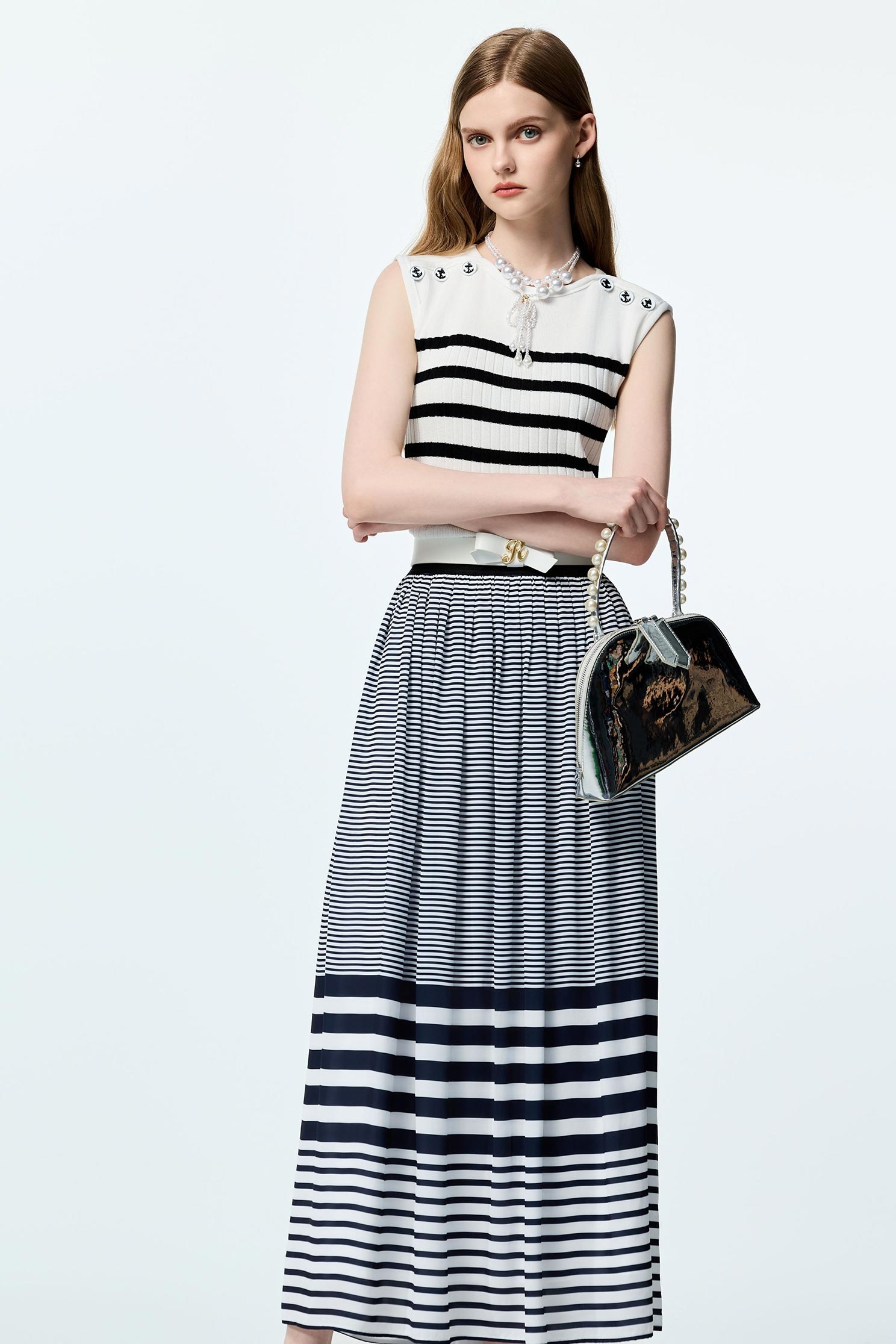 [LOW CLASSIC] / ☆ RELAXED SLIT LONG SKIRT / NAVY STRIPE Low Rise Side Split Maxi Skirt In Blue Striped Knit | EGO