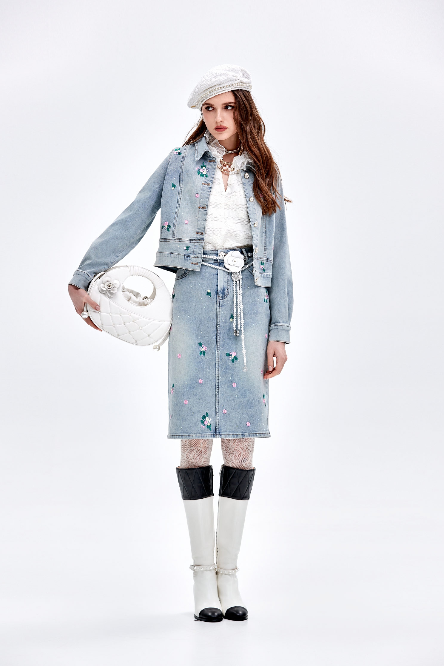 Floral Embroidery Sequin Detail Denim Pencil Skirt iROO Online Shop Dress Up Your Daily Look